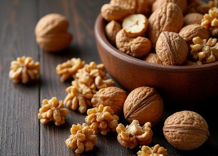 Nueces frescas sobre una mesa de madera rústica