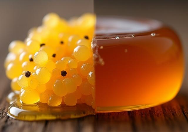 Comparación visual de miel artesanal cristalizada versus miel comercial líquida transparente