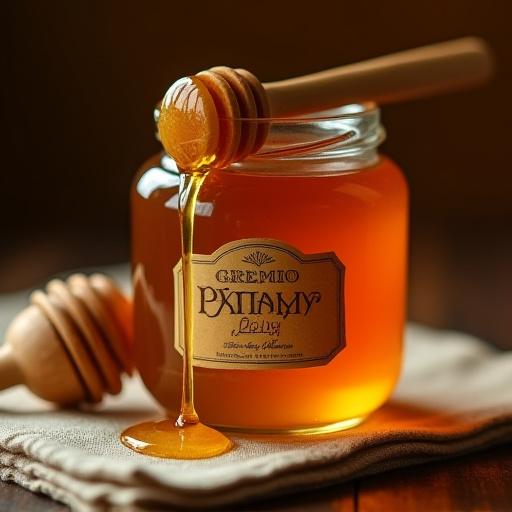 Frasco de miel multiflora de Gremio Dorado con cuchara de madera de miel en una mesa rústica